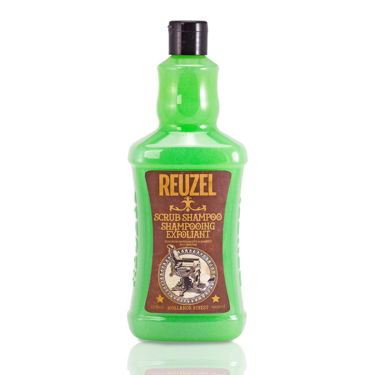Reuzel Scrub Shampoo bottle close-up: clarifies buildup and oils for a refreshed scalp.