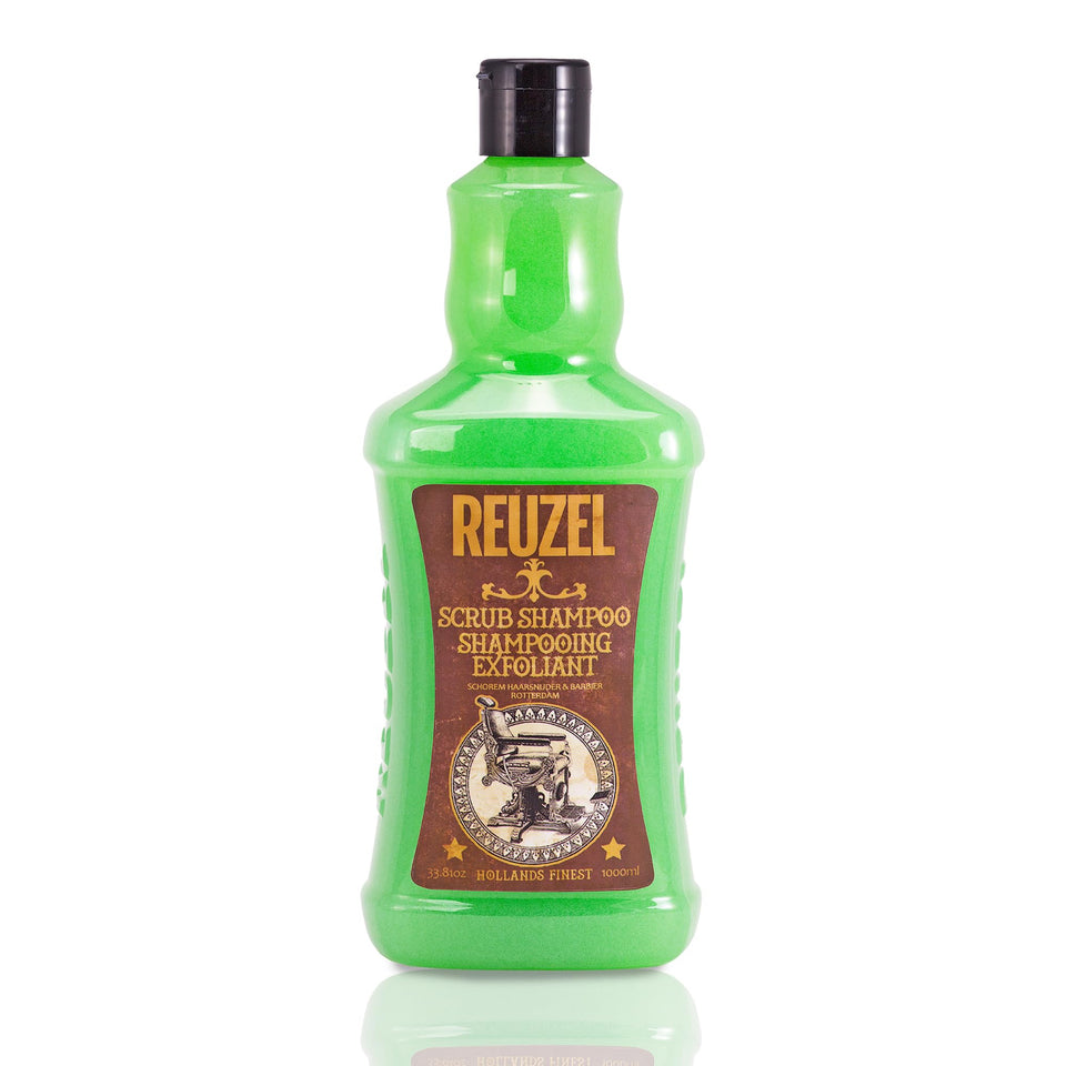 Reuzel Scrub Shampoo bottle close-up: clarifies buildup and oils for a refreshed scalp.