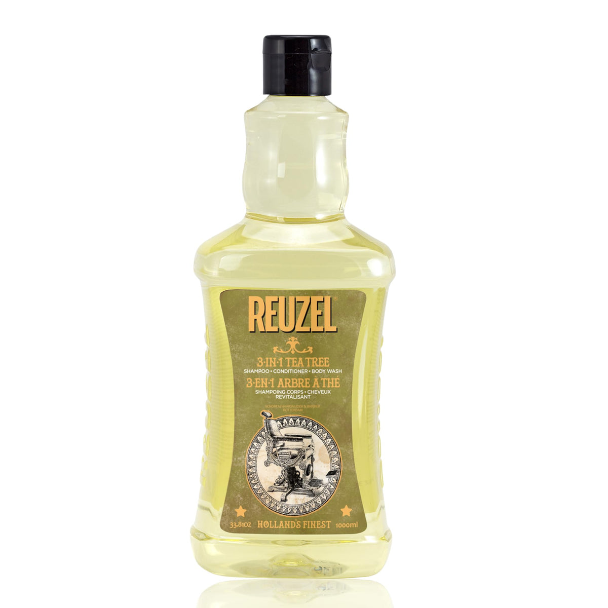 Reuzel Tea Tree 3-in-1 shampoo bottle for daily cleansing of hair and skin.