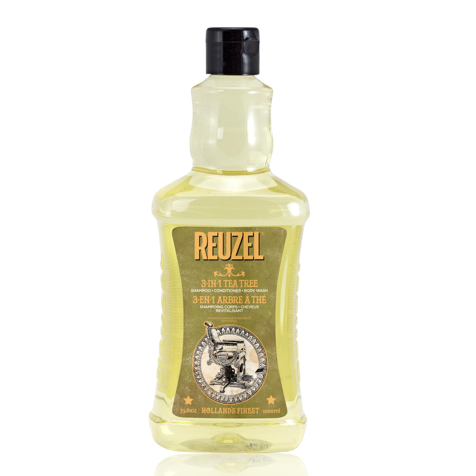 Reuzel Tea Tree 3-in-1 shampoo bottle for daily cleansing of hair and skin.