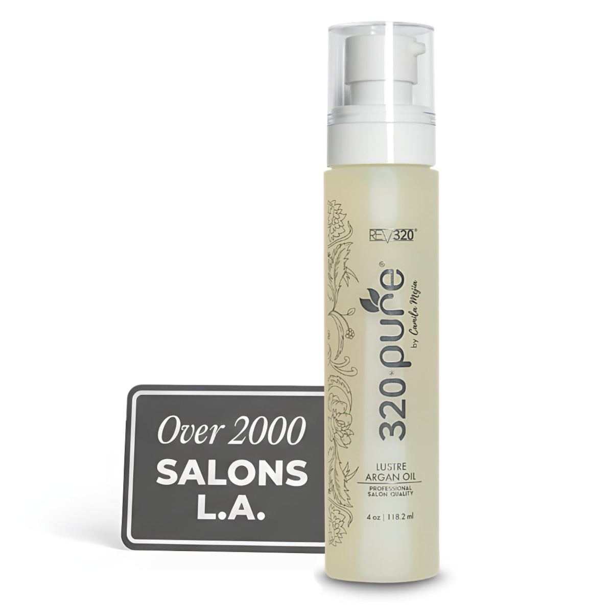 Rev320 320Pure Lustre Argan Oil bottle with pump for easy, mess-free application on hair.