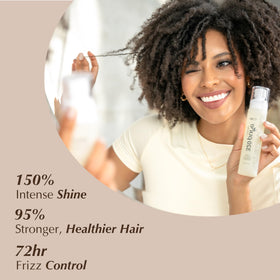 Rev320 320Pure Lustre Argan Oil applying to hair for frizz control and shine.