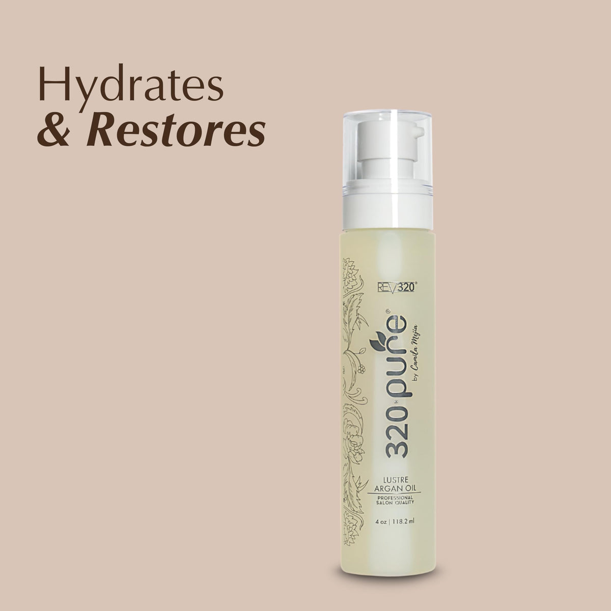 Rev320 320Pure Lustre Argan Oil ingredients list highlighting nourishing oils for healthy hair.