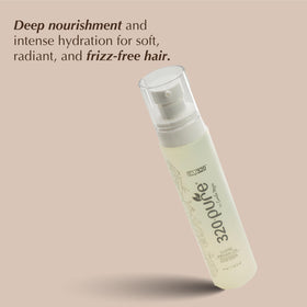 Rev320 bottle on dry hair showing quick absorption and light texture.