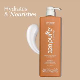 Rev320 320Pure Moisture Rich Shampoo bottle closeup showing premium packaging