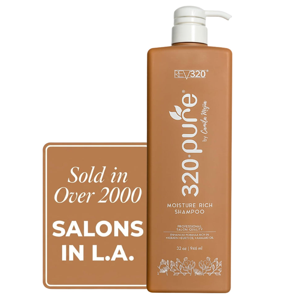 Rev320 320Pure Moisture Rich Shampoo bottle pour for deep hydration and split end repair