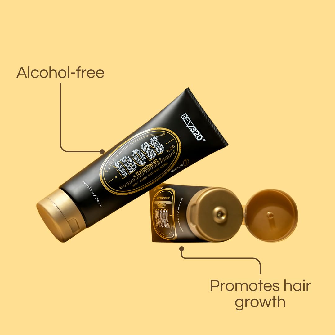 Rev320 iBOSS gel in hands styling moment showing flexible hold for textured looks