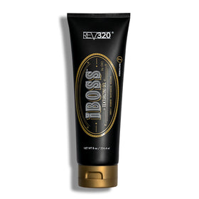 Rev320 iBOSS texturizing gel bottle close-up highlighting premium packaging for easy everyday styling