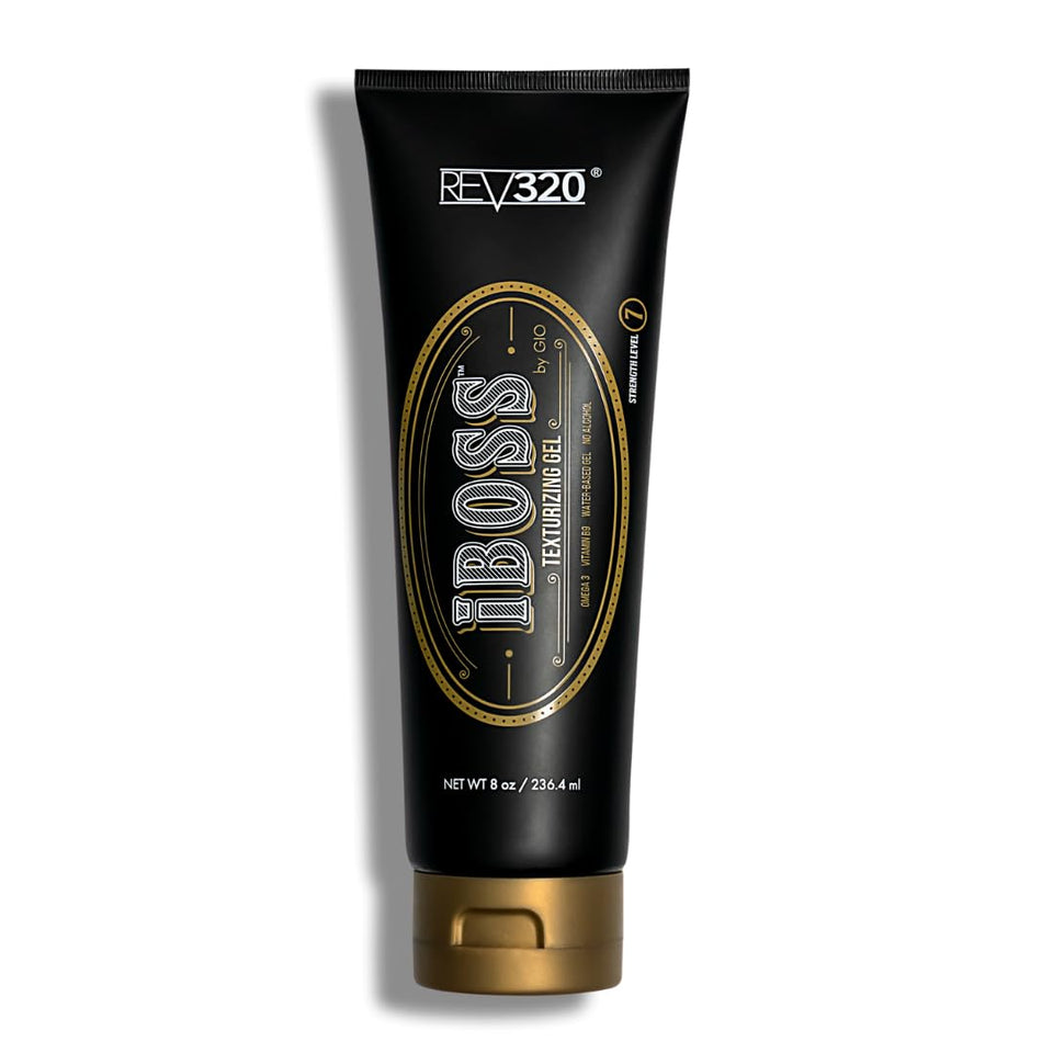 Rev320 iBOSS texturizing gel bottle close-up highlighting premium packaging for easy everyday styling