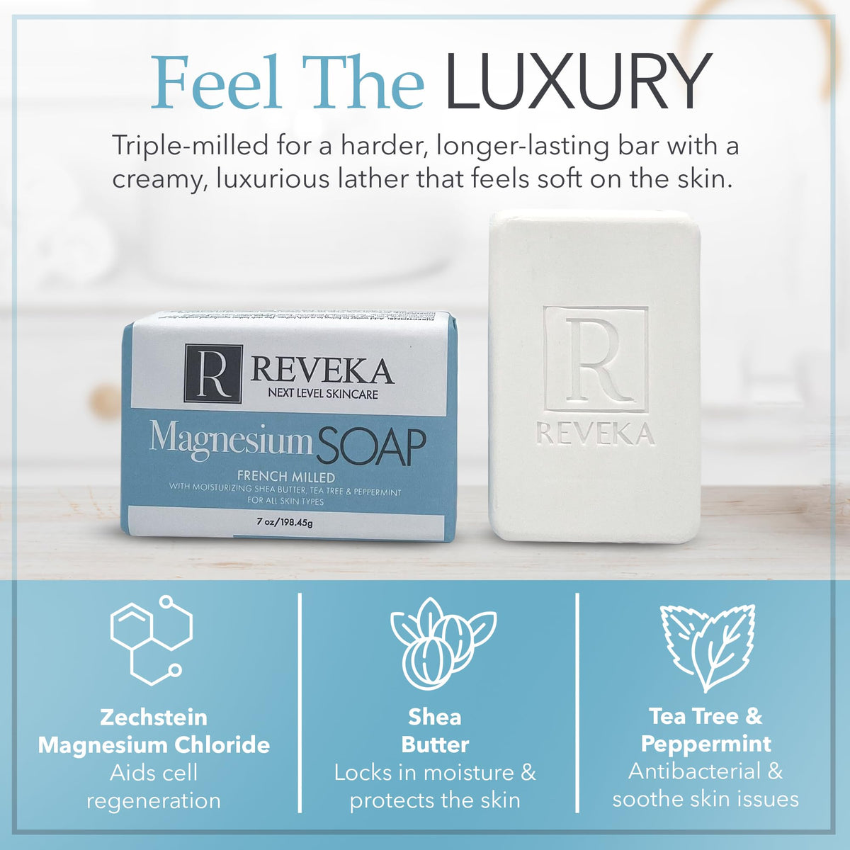 Reveka Skincare tea-tree image emphasizes cleansing with soothing benefits