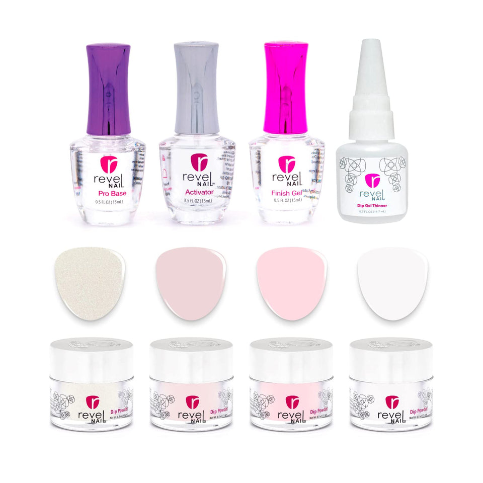 Revel Nail Dip Powder Starter Kit front cover showing all items for easy at-home manicures