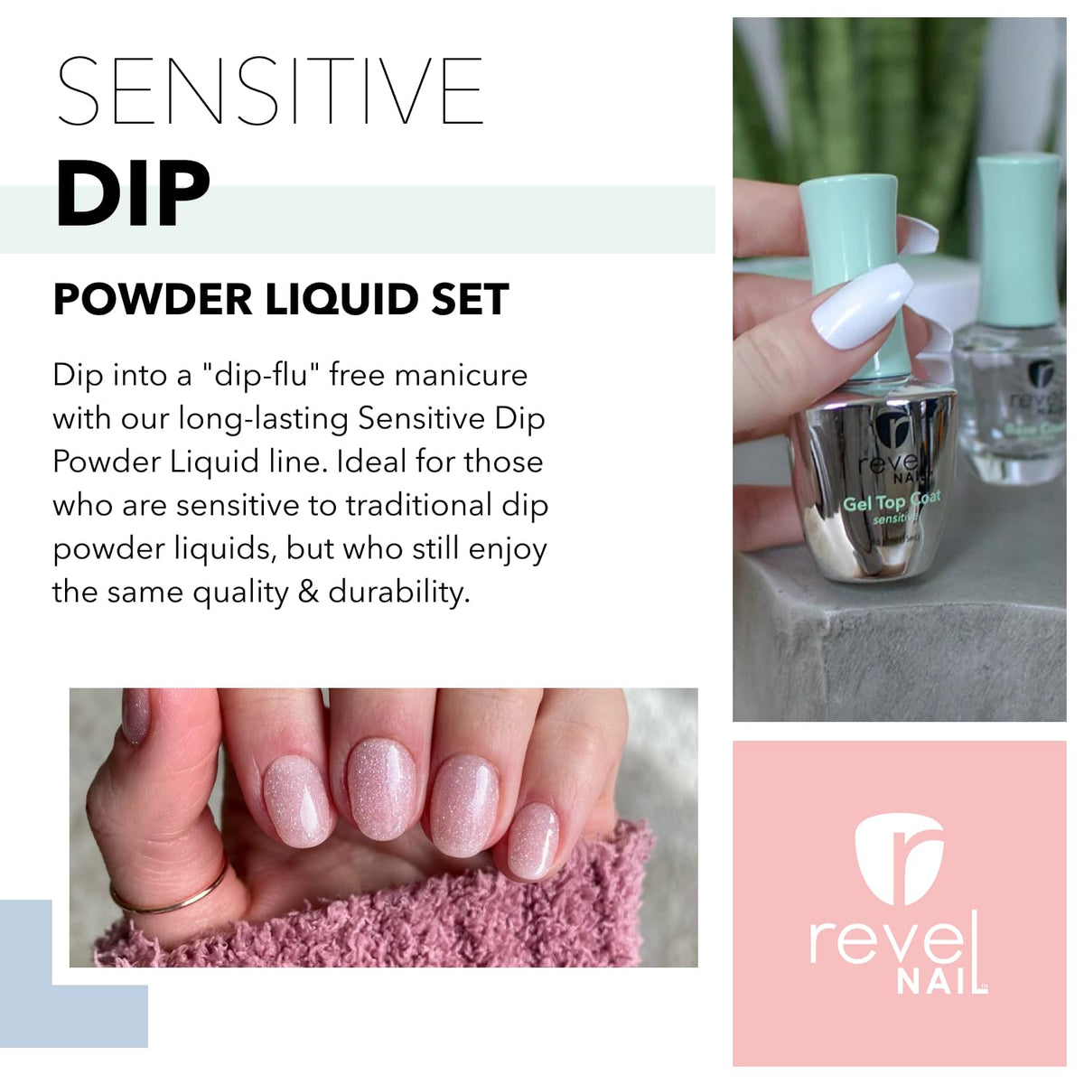 Revel Nail Sensitive Dip Activator bottle aids powder curing for durable results