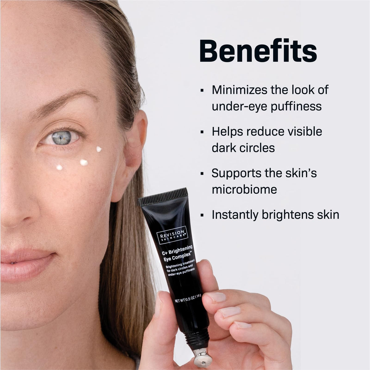 Revision Skincare C+ Brightening Eye Complex cream on finger demonstrates smooth texture