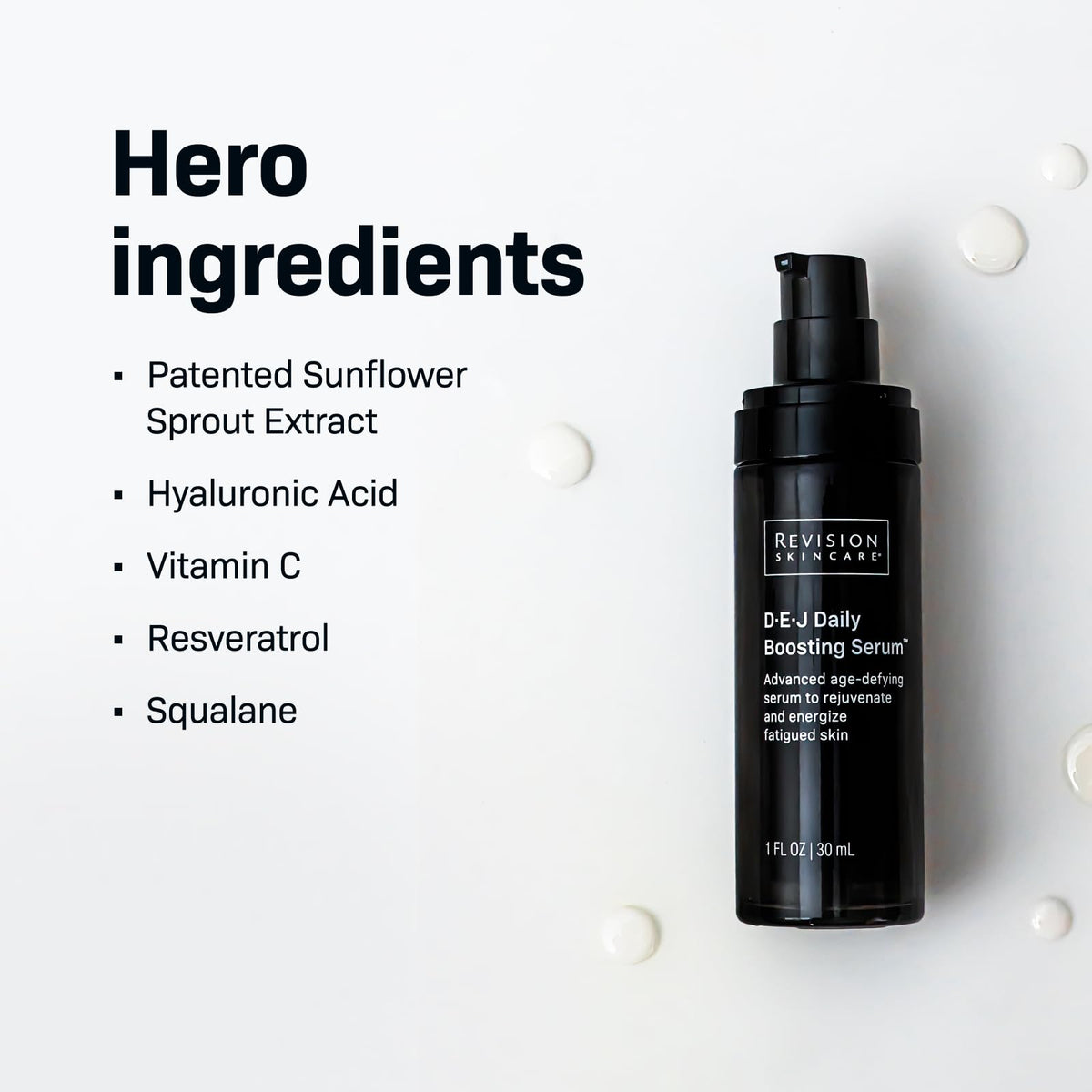 Revision Skincare D·E·J Daily Boosting Serum packaging detail highlighting premium skincare presentation.