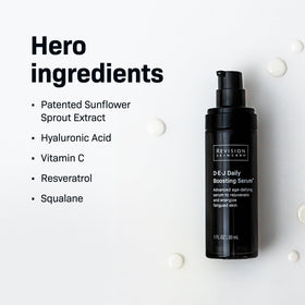 Revision Skincare D·E·J Daily Boosting Serum packaging detail highlighting premium skincare presentation.