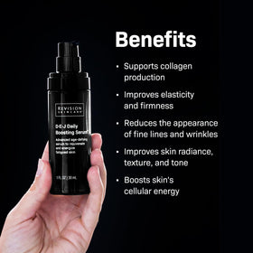 Revision Skincare D·E·J Daily Boosting Serum texture closeup suggesting smooth absorption.