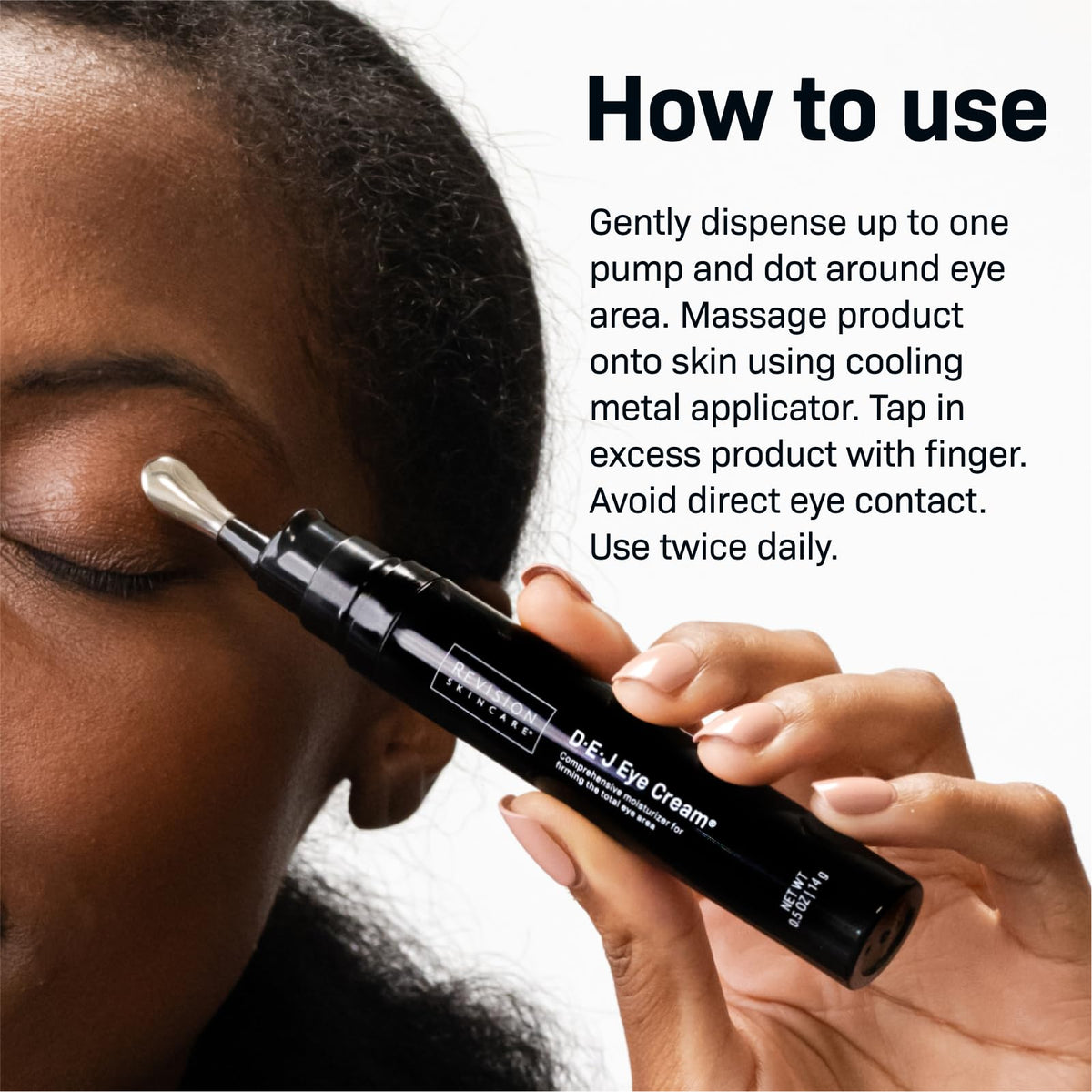 Revision Skincare D·E·J Eye Cream texture swatch highlights hydration and gentle firmness