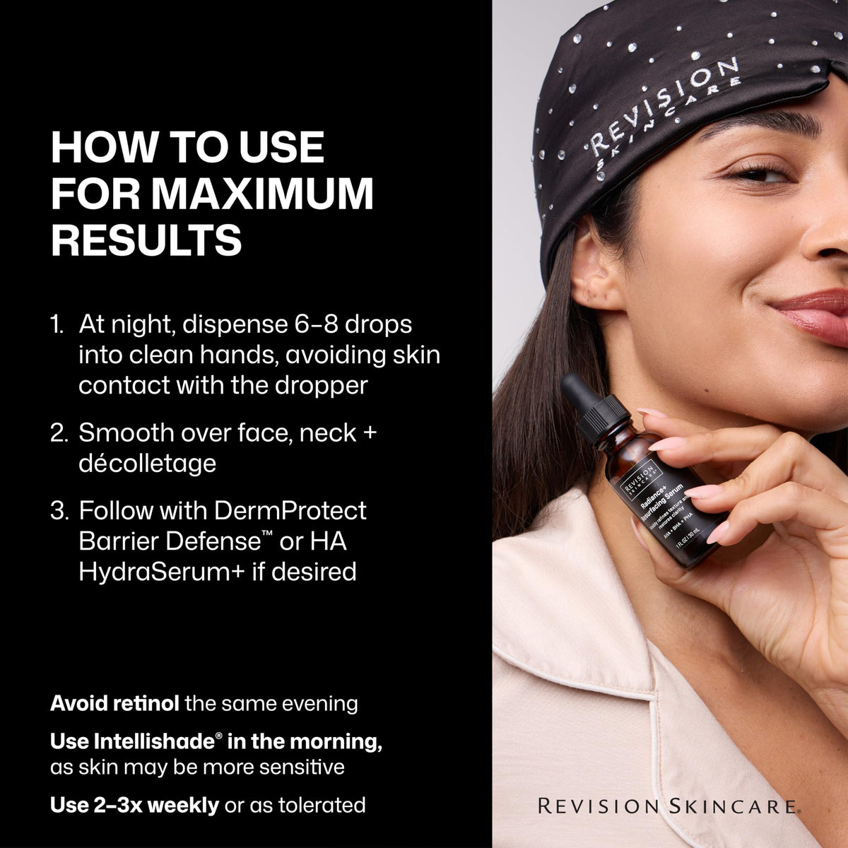 Revision Skincare Radiance+ application on skin demonstrates easy, low-irritation care