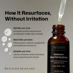 Revision Skincare Radiance+ ingredients panel highlights multi-acid blend for balanced renewal