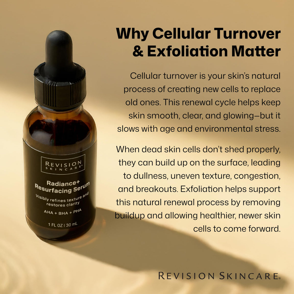Revision Skincare Radiance+ nightly routine scene shows gentle exfoliation at bedtime