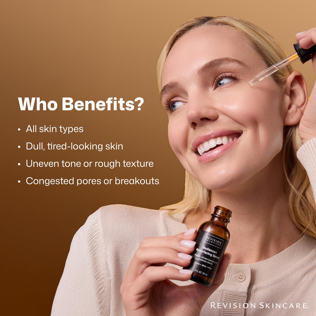 Revision Skincare Radiance+ texture close-up shows smoother skin by morning