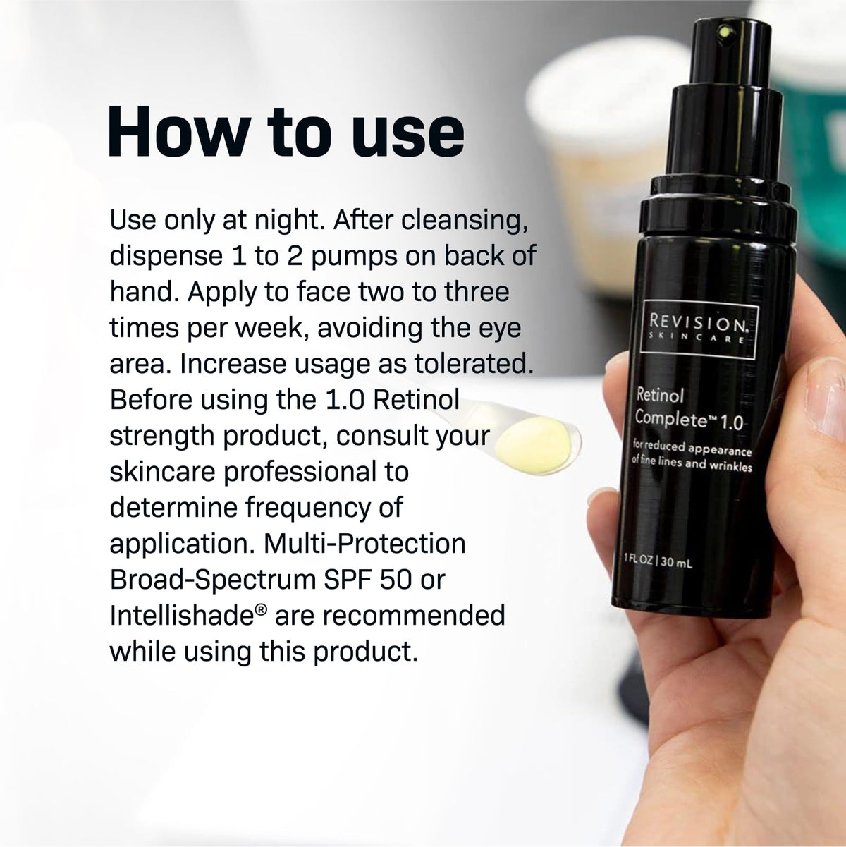 Revision Skincare Retinol Complete pump shown for night-time serum application