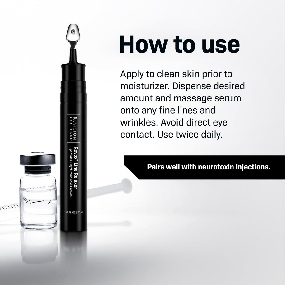 Revision Skincare Revox Line Relaxer serum drop on fingertip for targeted under-eye care.