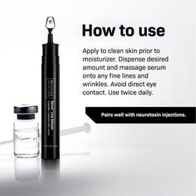 Revision Skincare Revox Line Relaxer serum drop on fingertip for targeted under-eye care.