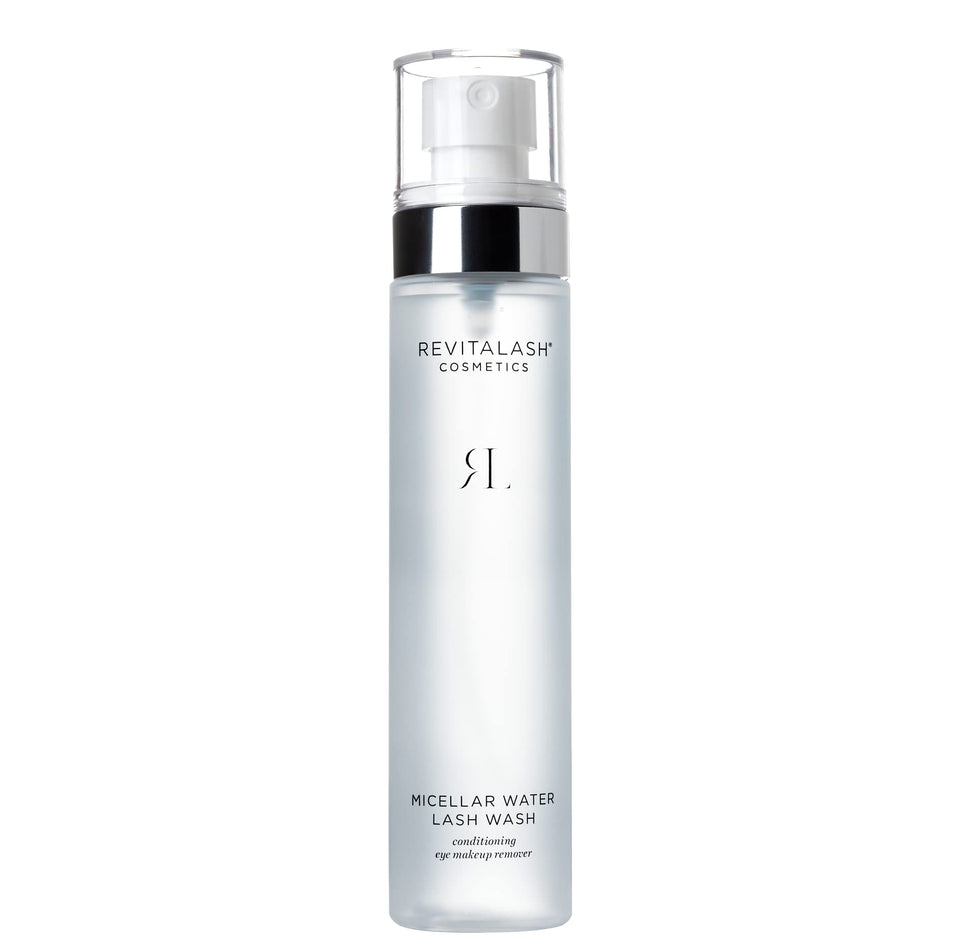 RevitaLash Micellar Water Lash Wash bottle demonstrates oil-free cleansing.