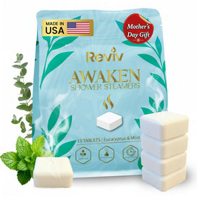 REVIV shower-steamer-eucalyptus-mint-15-pack in box for daily self-care.