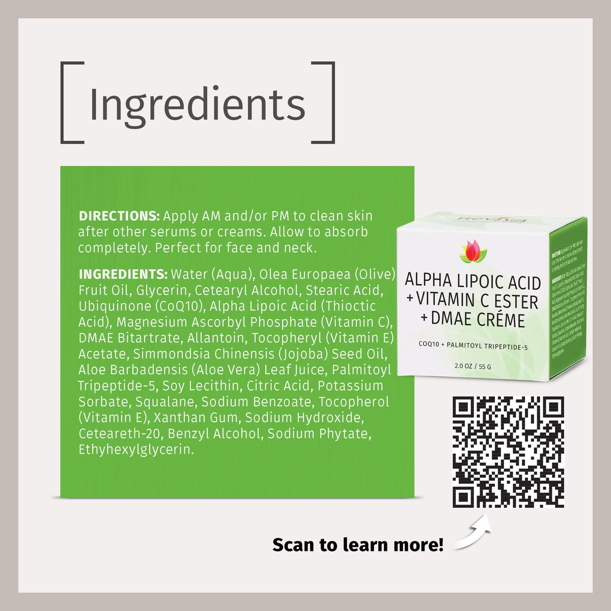 Reviva Labs DMAE Cream label close-up highlighting Alpha Lipoic Acid and Vitamin C Ester