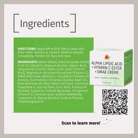 Reviva Labs DMAE Cream label close-up highlighting Alpha Lipoic Acid and Vitamin C Ester