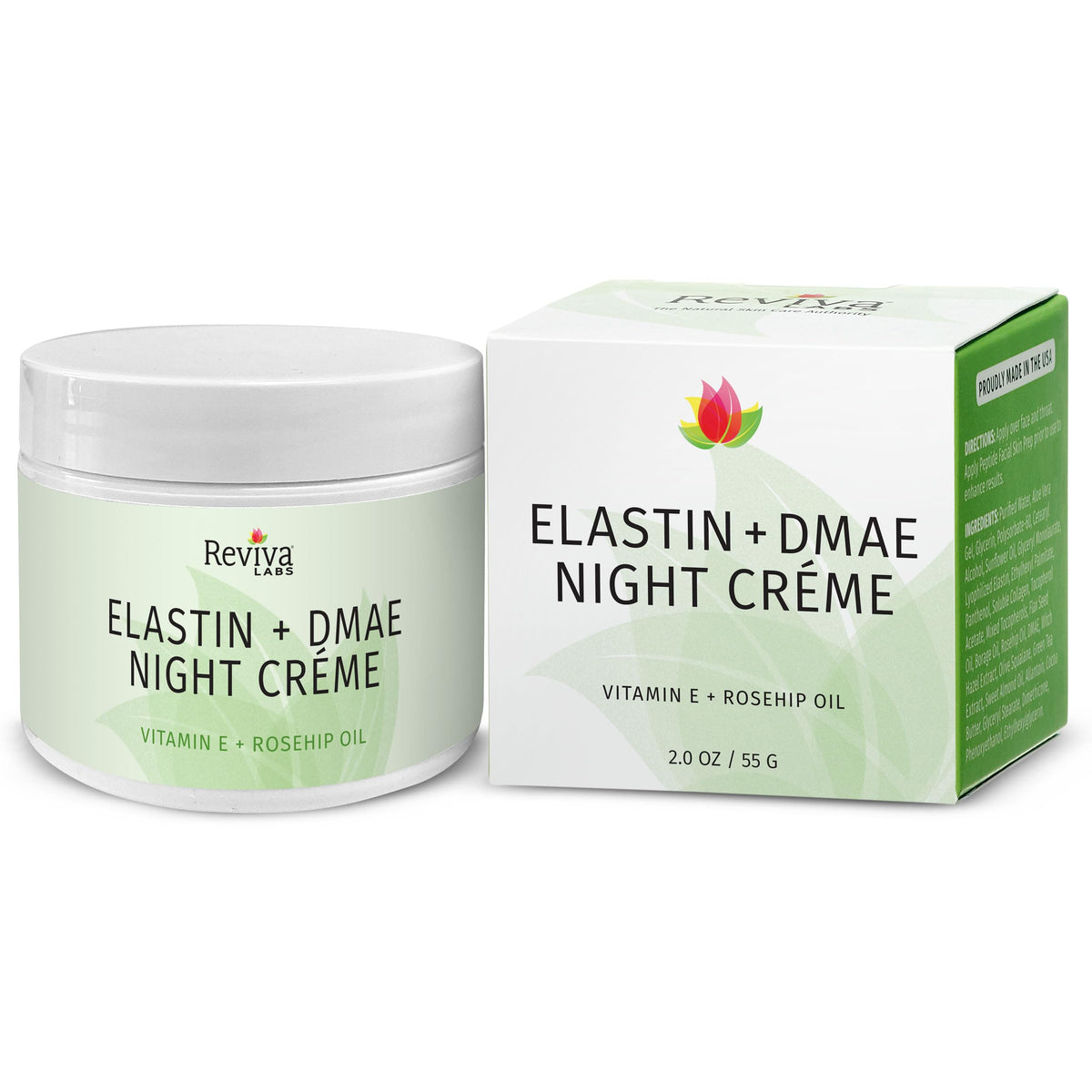 Reviva Labs Elastin + DMAE Cream jar close-up highlighting firming formula