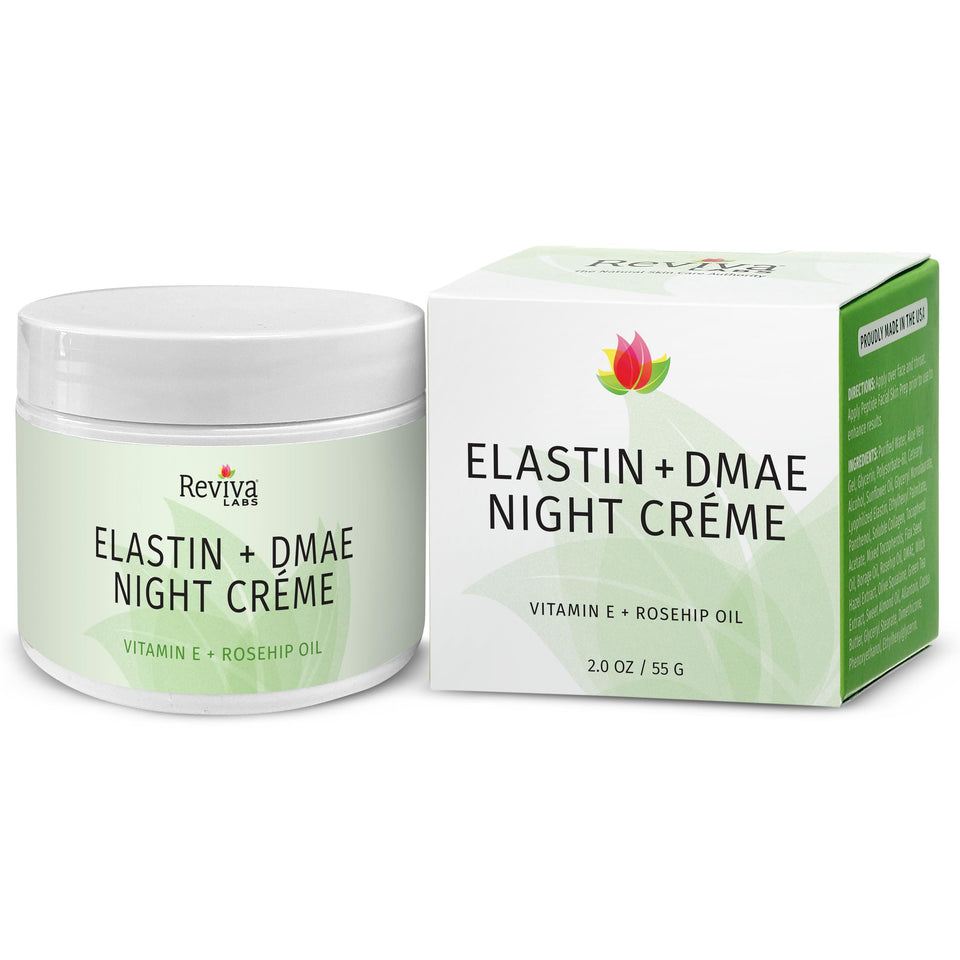 Reviva Labs Elastin + DMAE Cream jar close-up highlighting firming formula