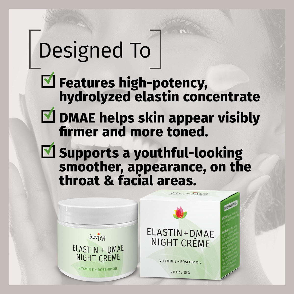 Packaging box of Reviva Labs Elastin + DMAE Cream for display