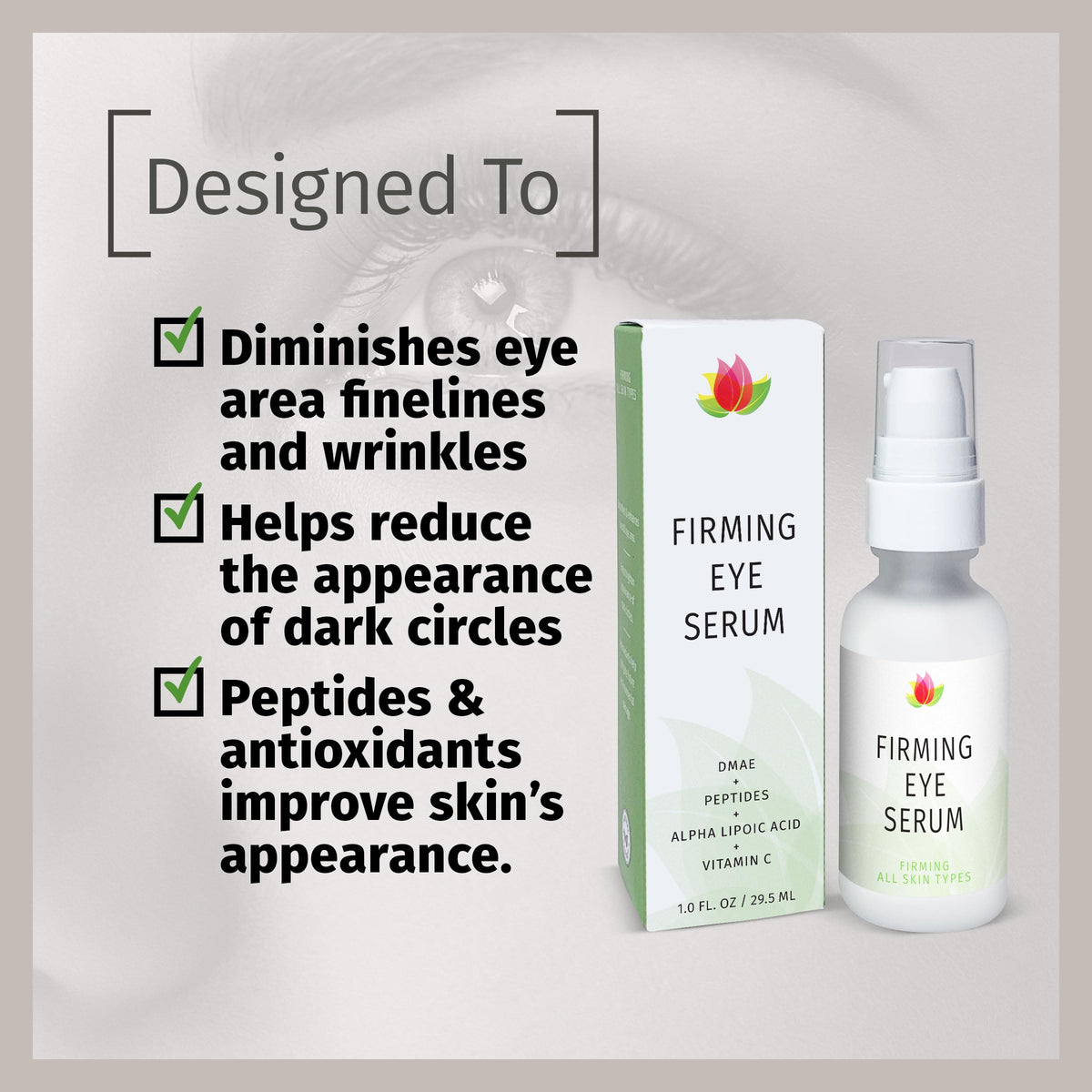 Reviva Labs eye serum on fingertip for targeted under-eye care and smoother appearance.