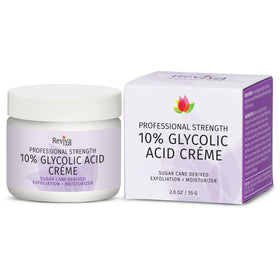 Reviva Labs glycolic creme bottle close-up with smoother skin texture.