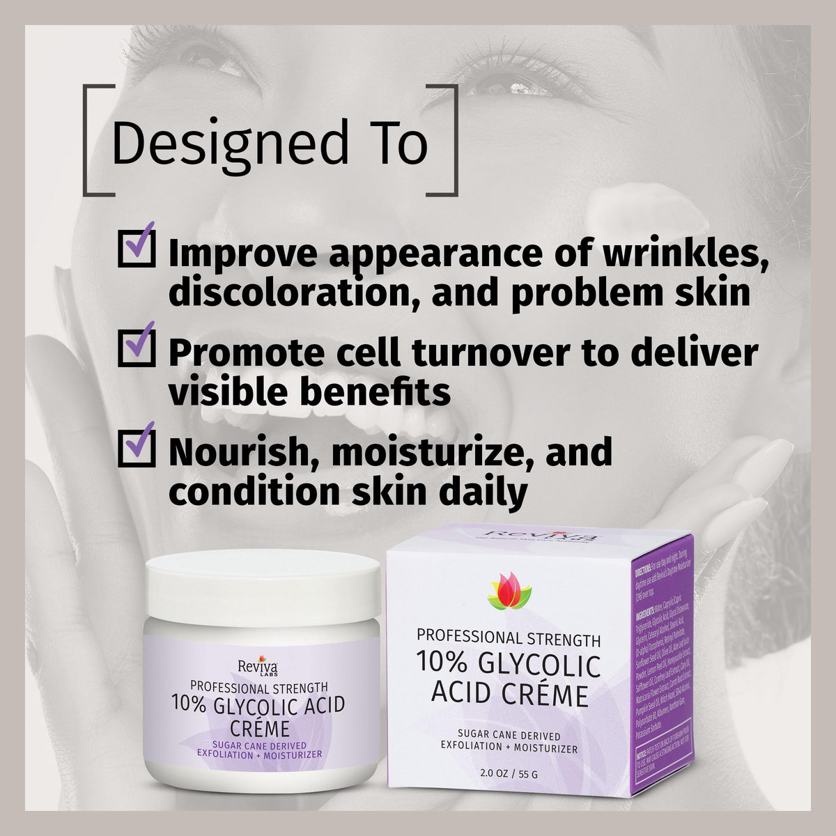 Reviva Labs glycolic creme cream texture being displayed.