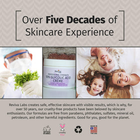 Reviva Labs glycolic creme lifestyle shot with a smiling user.