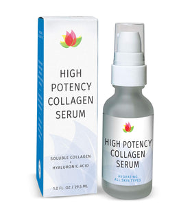 Reviva Labs High Potency Collagen Serum bottle close-up highlighting deep hydration.