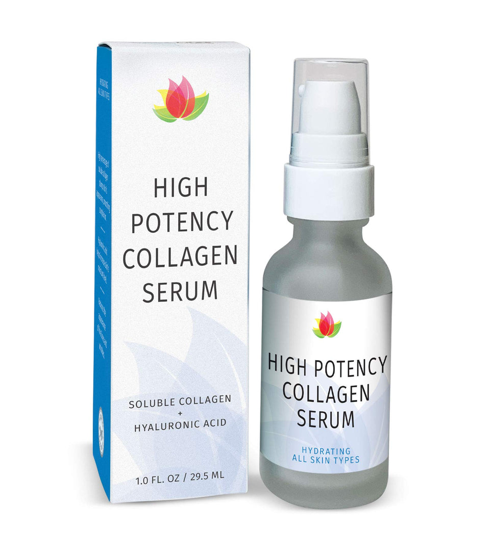 Reviva Labs High Potency Collagen Serum bottle close-up highlighting deep hydration.