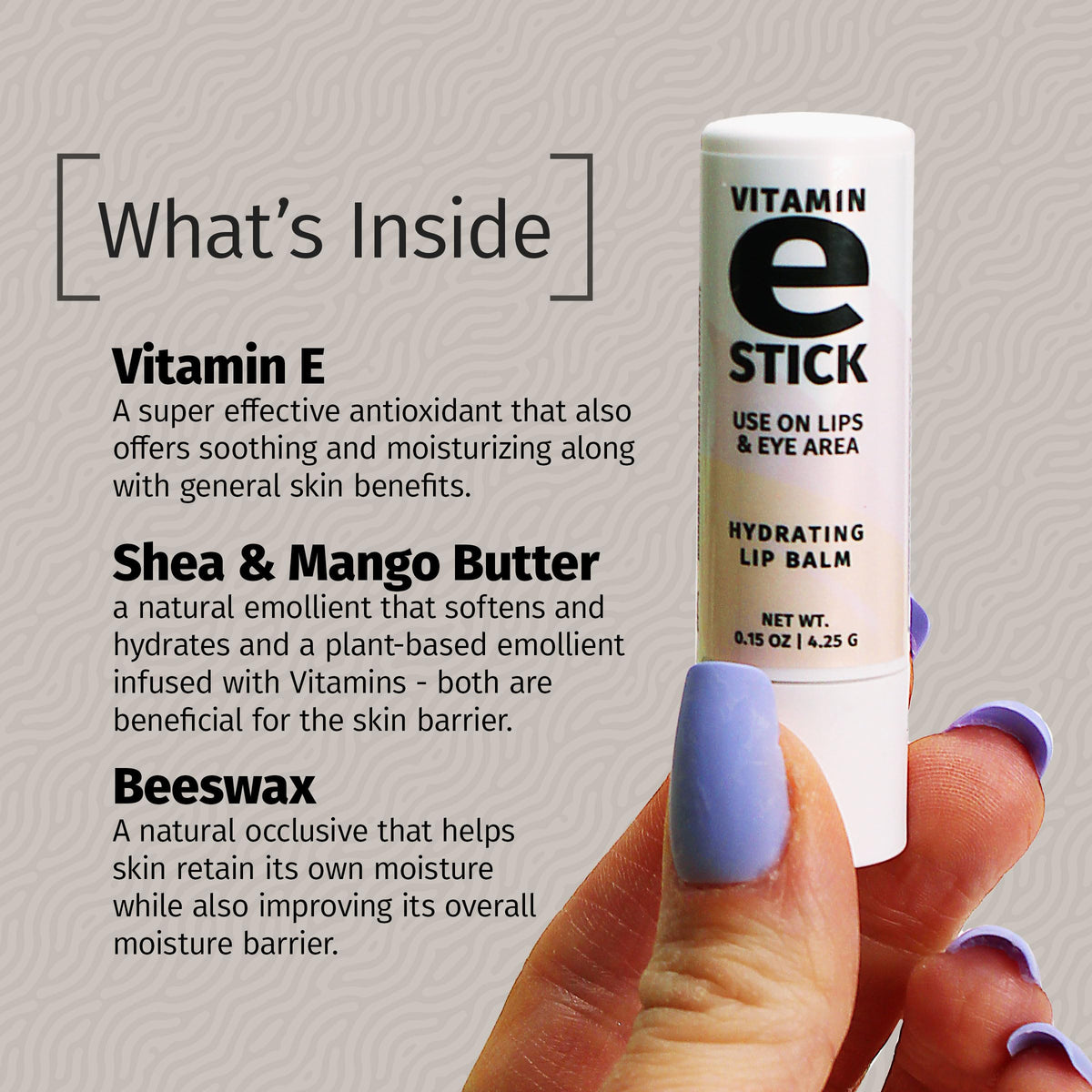 Reviva Labs Vitamin E Stick close-up texture with subtle gloss.