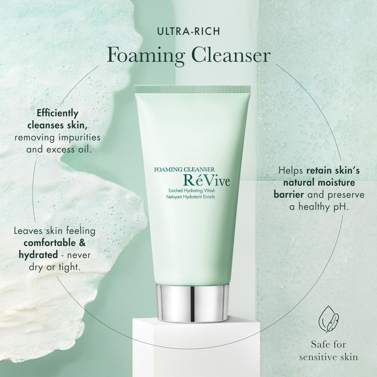 RéVive Cleanser ingredients with green tea and Vitamin E beads for nourishment.