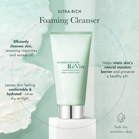 RéVive Cleanser ingredients with green tea and Vitamin E beads for nourishment.