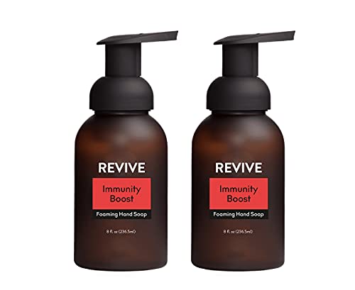 REVIVEEO Immunity Boost foaming hand soap bottle being poured for a gentle cleanse.