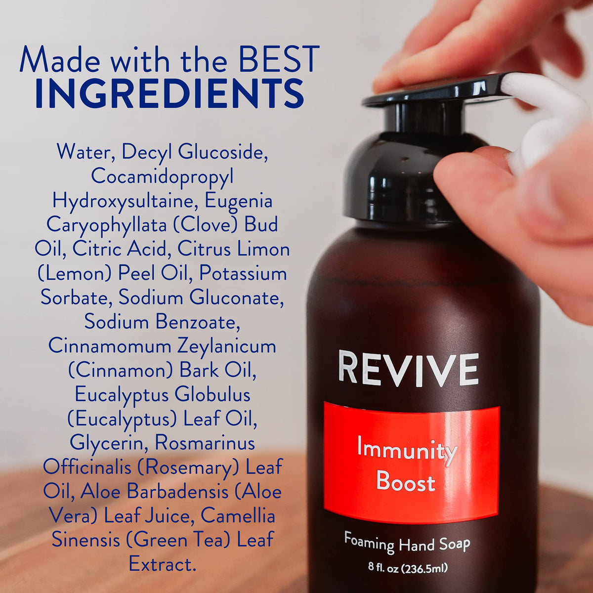 REVIVEEO Immunity Boost foaming hand soap label close-up emphasizes plant-based formula.