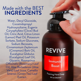 REVIVEEO Immunity Boost foaming hand soap label close-up emphasizes plant-based formula.