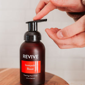 REVIVEEO Immunity Boost foaming hand soap lather close-up highlights rich foam.