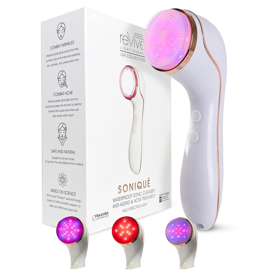 reVive Lux Soniqué cleanser device ready for daily cleansing with light therapy.