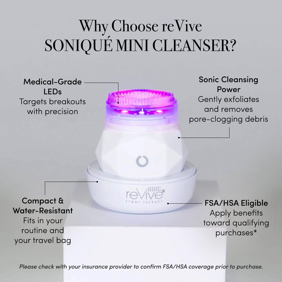 reVive Light Therapy Soniqué Mini with silicone brush attachment for cleansing